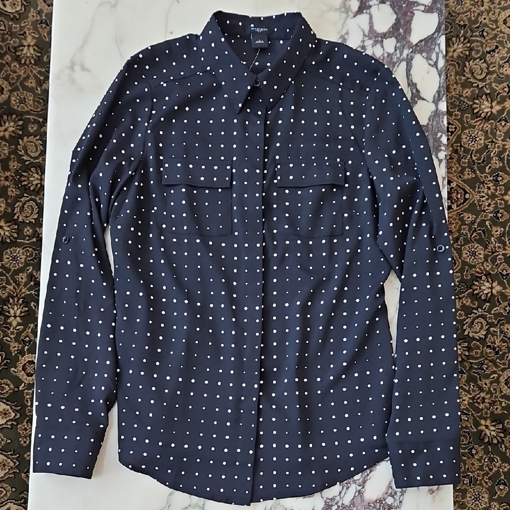 Ann Taylor Black Shirt with White Dots